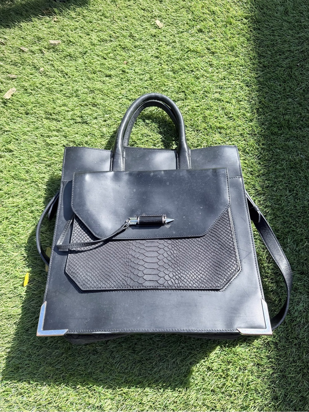 Mackage Black Structured Satchel with Textured Front Panel